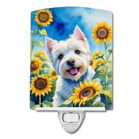 NEW Westie in Sunflowers Ceramic Night Light Compact, UL-Certified, Ideal for Bedroom, Bathroom, Nursery, Hallway, Kitchen, 6x4x3, Multicolor