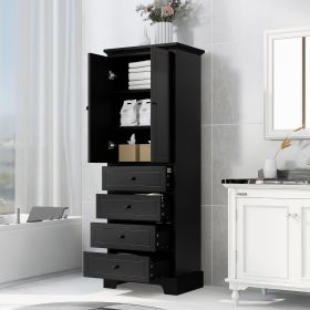 Storage Cabinet with 2 Doors and 4 Drawers for Bathroom, Office, Adjustable Shelf, MDF Board with Painted Finish (Color: Black)